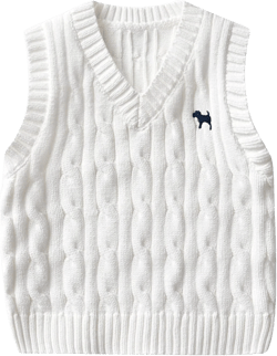 Toddler Boys Girls V Neck Knitted Sweater Vest Kids Knitted Vest Cotton Embroidery Doggy Pattern Knitwear Jumpers 5-6 Years White