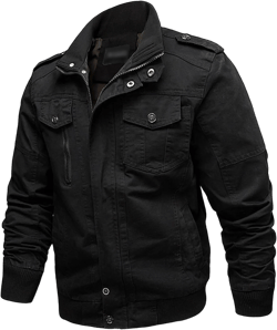 Maiyifu-GJ Men Winter Cotton Military Jacket Lightweight Spring Fall Cargo Bomber Jacket Stand Collar Army Multi Pocket Coat (Black,Large)