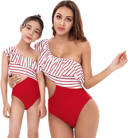 Mommy and Me Swimsuits Ruffle Family Matching Swimwear Adjustable Shoulder Straps Bikini Bathing Suit Removable Padding Bra Beachwear Sets Red + White Stripes 2 5-6 Years