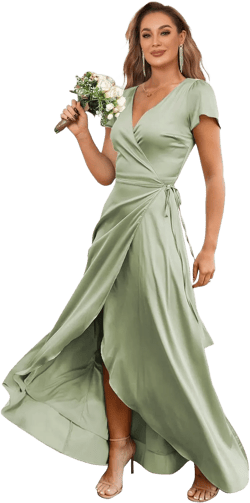 Silk Satin Bridesmaid Dresses for Women 2025 Short Sleeve Wrap Formal Evening Party Gown with Slit Sage Green 0