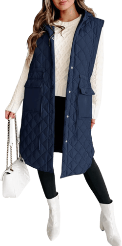Tankaneo Women's Long Puffer Vest Sleeveless Hood Quilted Winter Outwear Warm Jackets Coats Small Navy