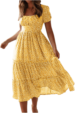 Women Boho Maxi Dresses Crew-Neck Short Sleeve Empire Waist Summer Dress Smocked Floral Flowy Tiered Long Dress 2024 XX-Large 1#yellow