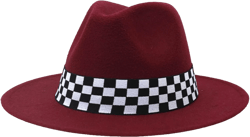 Wide-Brim Vintage Fedora Hat for Womens Panama Style Jazz Cap Wool Felt Hat with Plaid Ribbon for Holiday Summer