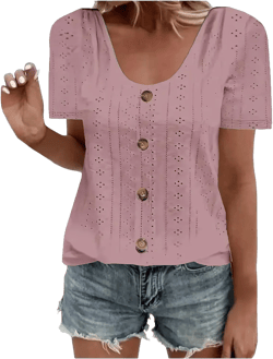 Tee Shirts Womens Loose Scoop Neck Short Sleeve Lace Eyelet Tops Dressy Casual Summer T Shirts Blouses w Button Decor Rose Gold 3X-Large