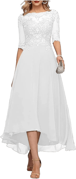 Lace Appliques Mother of The Bride Dresses 3/4 Sleeves Chiffon Tea Length Wedding Guest Dresses for Women White 24 Plus