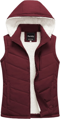 Pursky Women's Winter Vest Sherpa Fleece Lined Puffer Vest Warm Lightweight Sleeveless Jackets With Removable Hood Burgundy XX-Large