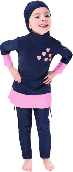 Muslim Swimsuit for Girls Kids 2 Pieces Modest Islamic Swimwear Burkini Full Cover Hijab Long Sleeve Heart Print Hooded Top Pants Swim Cap Costume Conservative Beachwear Bathing Suit Navy Blue 6-7Y