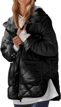 Dyexces Womens Quilted Puffer Jacket Hooded Long Sleeve Zip Up Winter Coat Lightweight Warm Jackets with Pockets Large Black