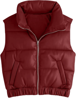 Fisoew Womens Faux Leather Puffer Vest High Stand Collar Zip Up Sleeveless Winter Cropped Jacket Gilet Large Dark Red