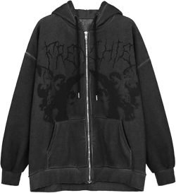 Women's Oversized Y2K Sweatshirt Long Sleeve Zipper Punk Goth Printed Hoodie Aesthetic Drawstring Jacket 3X-Large Black