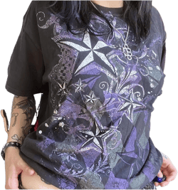 Women Y2K Fairy Grunge Clothes Short Sleeve Aesthetic Graphic Crop Tops 2000s E Girls Vintage Baggy Emo Tee Shirts Medium A Black Purple Star