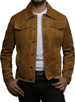 BRANDSLOCK Mens Trucker Leather Biker Jacket Genuine Goat Suede Small Tan