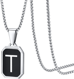 Hisatan Initial Necklace for Men Women, A-Z Letter Pendant Necklaces Black Silver Square Capital Mens Stainless Steel Monogram Alhpabets Charm Gifts Jewelry, 24 inch Box Chain T