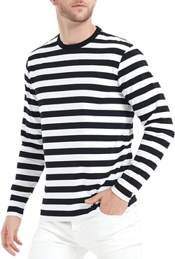 LEDING Mens Shirt Striped Black White Cotton Spandex Crewneck Long Sleeve Basic Pullover Stripe Casual Crew Tee Shirt