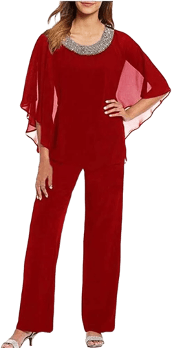 2 Pieces Mother of The Bridal Pantsuits Chiffon Women's Plus Size for Evening Dressy Wedding Grooms 4 Red