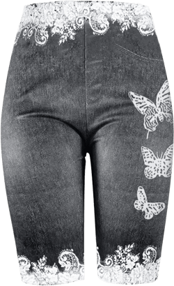 Burband Womens Stretchy Bermuda Shorts Jeans Fake Denim Leggings High Waist Butterfly Printed Jeggings Plus Size Biker Short Gray, XX-Large