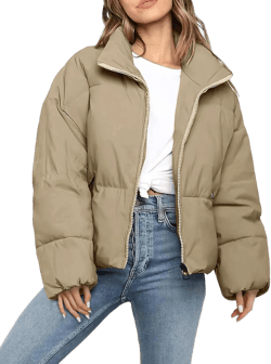 Polu Women's Winter Cropped Puffer Jacket Oversized Long Sleeve Full Zip Puffy Coat Warm Quilted Jacket with Pockets