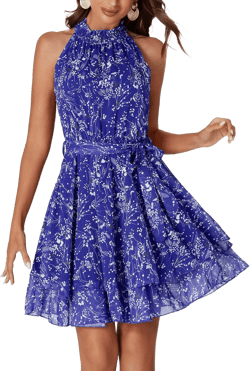 OPOIPIN Women's Summer Chiffon Boho Floral Print Halter Sleeveless A Line Midi Dress with Tie Belted