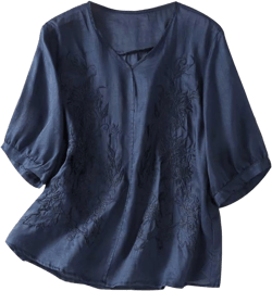 Women's Summer 3/4 Sleeve Cotton Linen Tops Vintage Mexican Embroidered Shirts Casual V Neck Boho Blouse Oversized Navy X-Large