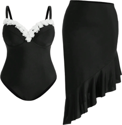 SHEIN Swim Oasis Summer Beach Plus Size Women's 3d Flower Decoration And Straps One-Piece Swimsuit With Cover Up Mermaid Skirt, 2pcs/Set