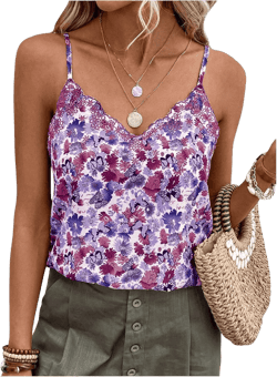 Women's Boho Camisoles Spaghetti Strap Floral Print Cami Top Frill V Neck Tank Tops Red Violet Large