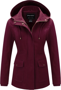 Pursky Women's Cotton Anorak Jacket Lightweight Casual Military Jackets Safari Utility Coats With Removable Hood Burgundy XX-Large