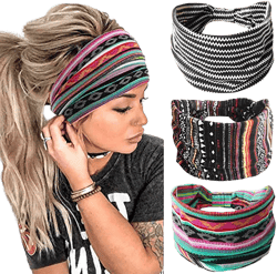 YBSHIN Boho Wide Headbands Stripe Head Wraps Knoted Hair Wears Turban Yoga Sweatbands Elastic Floral Printed Head Scarfs Stretch Cloth Hair Bands for Women and Girls 3Pcs (A)