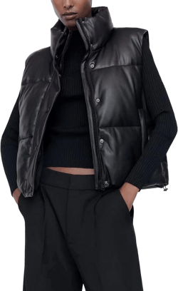 Zontroldy PU Leather Quilted Puffer Vest Women Stand Collar Zip Up Sleeveless Padded Lightweight Jacket Vest Waistcoat
