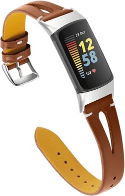 Compatible for Fitbit Charge 6/Charge 5 Band Leather for Women Men, Soft Slim Hollow Breathable Leather Sport Wristband Metal Buckle Bracelet Replacement Band for Fitbit Charge 6/Charge 5 Brown