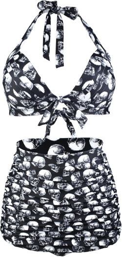 Honeystore Women's Retro 50s Halter High Waist Ruched Bikini Swimsuit Large Skull