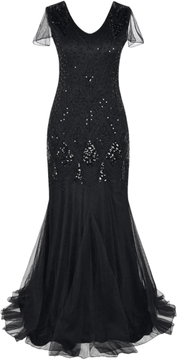 Women’s 1920s Vintage Flapper Fringe Great Gatsby Party Dress Sequin Maxi Evening Cocktail Dresses Ladies V-Neck Floor Length Long Prom Mermaid Formal Gown Wedding Bridesmaid Dance Dress Black XL