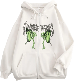 Y2K Hoodie Zip Up Oversized Vintage Jacket With Pockets Long Sleeve Swearshirt Graphic Print Gothic Coat Harajuku Streetwear White X-Large