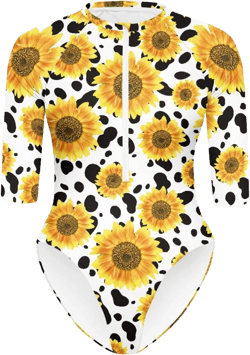 Women's One Piece Swimsuits Zipper Front Tummy Control Printed Bathing Suit Surfing Athletic High Cut Swimwear Medium Cow Sunflower