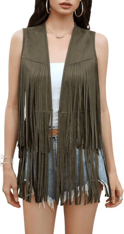 KOJOOIN Women's Fringe Vest 70s Hippie Faux Suede Rivets Sleeveless Fringe Jacket Army Green L Large Army Green