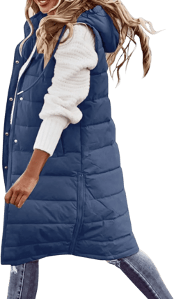 Women's Long Puffer Vest Plus Size Sleeveless Hooded Vest Winter Lightweight Full Zip Outdoor Puffer Vest Jacket Coat Medium Ca- Navy