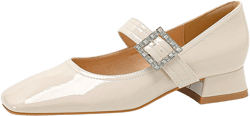 Mary Jane Shoes for Women,Rhinestone Buckle Strap Square Toe Chunky Low Heel Pumps,Elegance Wedding Dating Daily Dress Shoes 7 Rice White