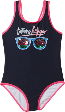 Tommy Hilfiger Girls' One-Piece Reversible Sequin Swimsuit with Contrast Binding (Big Kids)