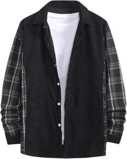 Burband Unisex Mens Womens Long Sleeve Flannel Shirts Casual Button Up Plaid Shirts Corduroy Oversized Boyfriend Jackets, 2-black, X-Large