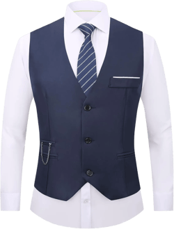 DOKKIA Men's Dress Vest Suit Waistcoat Formal Business Slim Fit V-neck Sleeveless Tuxedo Jacket with Chain Navy Blue Large