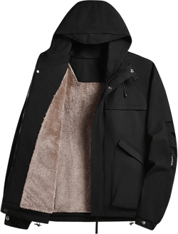 Windbreaker Jackets for Men Waterproof Lightweight Hooded Softshell Sherpa Lined Jacket Travel Jacket with Pocket