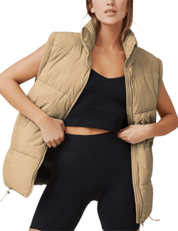 Watashi Women's Quilted Puffer Vest Stand Collar Fall Drawstring Zip Up Sleeveless Gilet Jacket