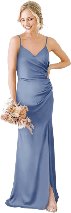 Fivsole Satin Long Bridesmaid Dresses Formal Wedding Guest Dress 2024 Ruched with Slit Formal Evening Gown for Women 16 Dusty Blue