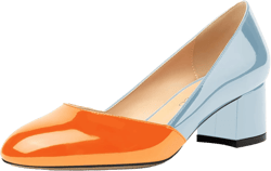 MODENCOCO Women's Block Round Toe Slip On Patent Chunky Low Heel Pumps Wedding Dress Shoes 2 Inch 12.5 Orange Blue