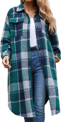 ELIY BASIC Women's 2023 Casual Plaid Shacket Long Sleeve Button Down Lapel Pocketed Jacket Shacket Coat Small B6-green