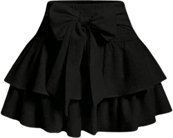 Women's Bow Front Mini Skirt High Shirred Waist Layered Ruffle Hem Short Cake Skirts Large Black