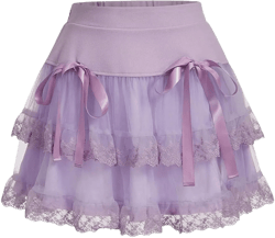 Women's Y2K Solid Tiered Layer Skirt High Waist Contrast Mesh Lace Tie Bow Front Loose Mini Skirt Cake Skirt X-Small Mauve Purple