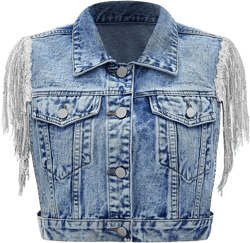 SweatyRocks Women's Fringe Button Down Crop Denim Jacket Sleeveless Collared Jean Coats Small Light Blue