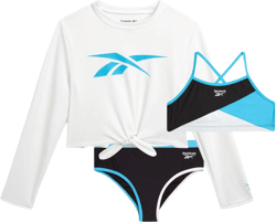 Reebok Girls' Rash Guard Set - 3 Piece UPF 50+ Long Sleeve Swim Shirt with Bikini Swimsuit - Swimwear Set for Girls (4-16) Black Colorblock 12