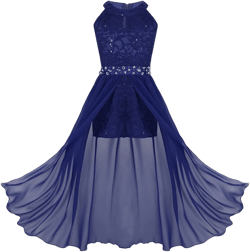XUNZOO Kids Girls Floral Lace Sleeveless Chiffon Maxi Dress Sequins Wedding Party Ball Prom Bridesmaid Romper Gown 6 Years Blue