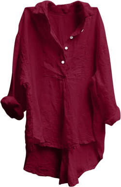Oplxuo Womens Casual Cotton Linen Shirts Ladies Long Sleeve V Neck Tunic Tops Loose High Low Asymmetrical Hem Tee Blouses Red X-Large